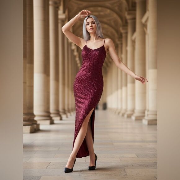 👠Teeze Me burgundy sequin strappy open back fitted evening maxi dress size small - Picture 1 of 9